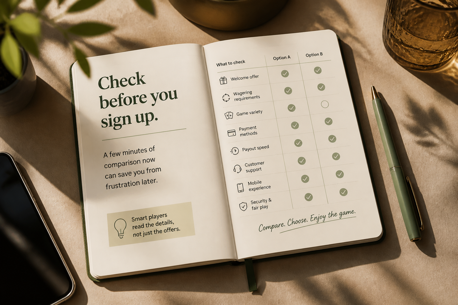 Checklist notebook beside a phone on a sand-coloured desk