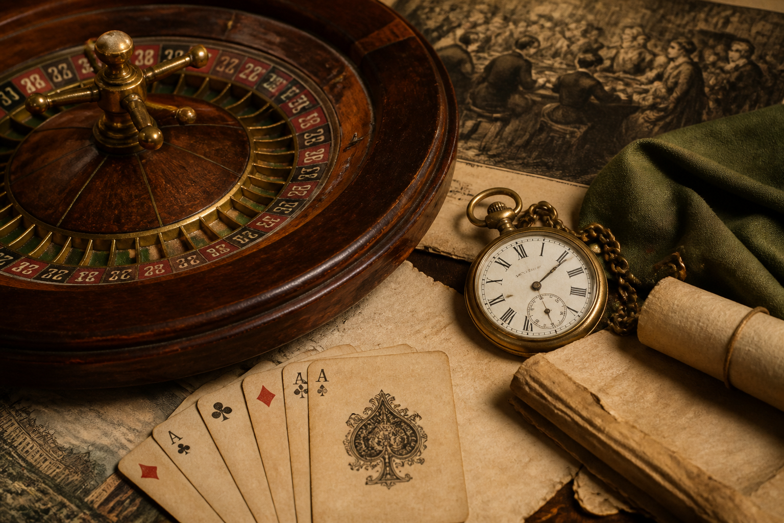 Still life with vintage cards, roulette detail and a pocket watch